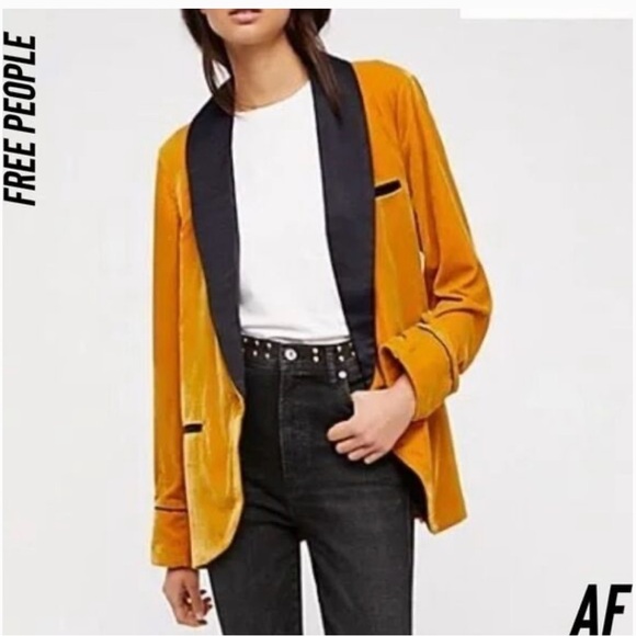 NWT Free People Golden Yellow Velvet Smoking Jacket. Size L. - Picture 2 of 7